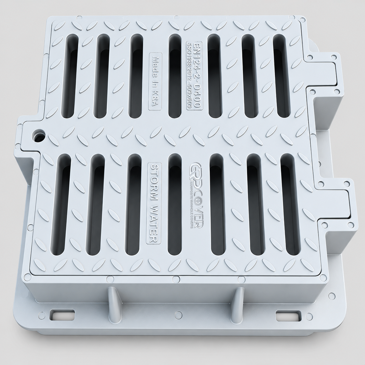 Gray D400 GRP catch basin with hinge